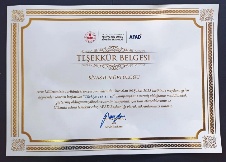 AFAD’dan Sivas'a  Teşekkür Belgesi